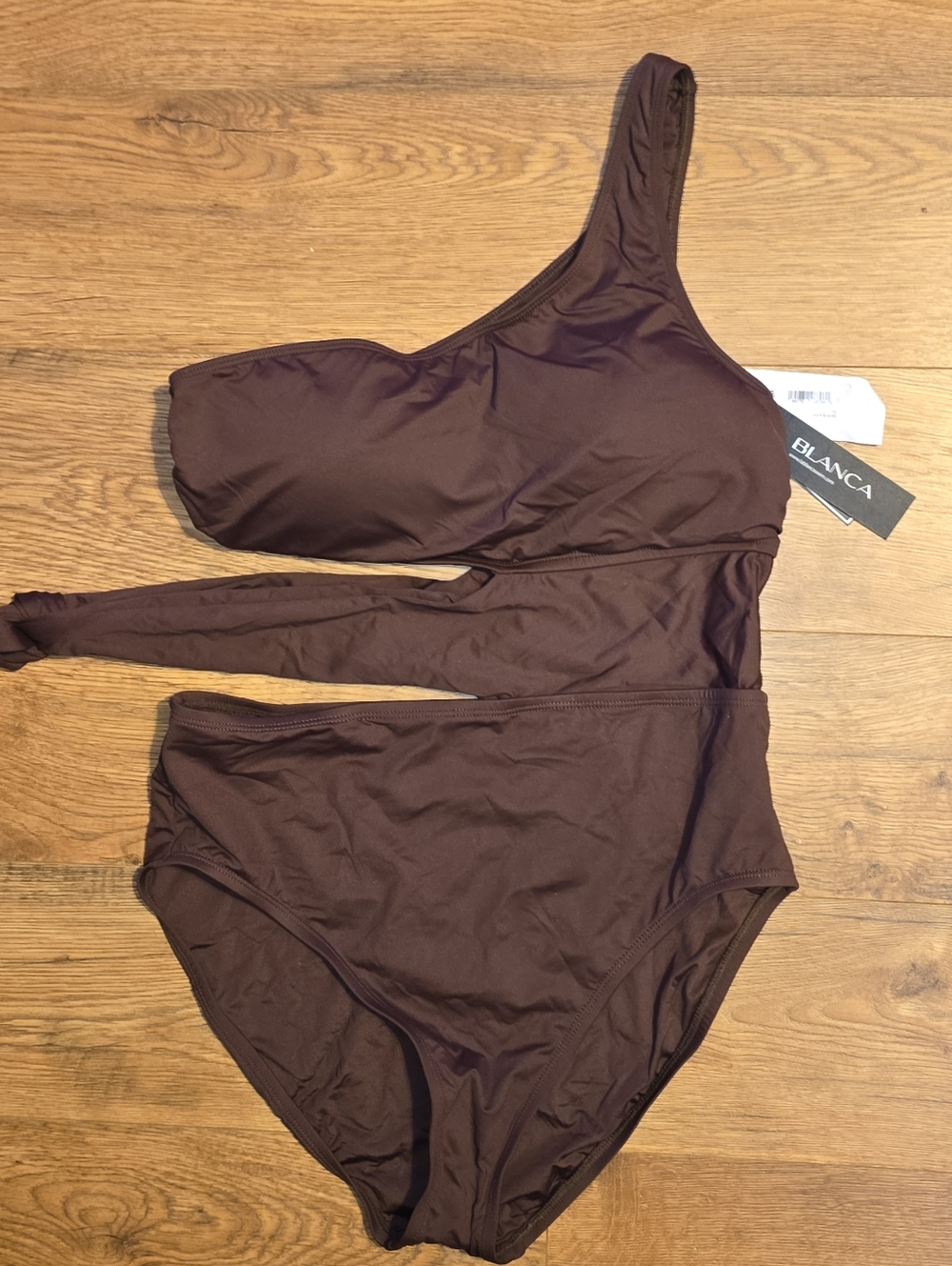 La Blanca NWT  One Shoulder Tummy Control One Piece Swimsuit Brown Wrap Cutout